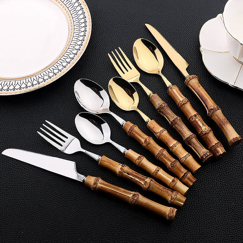 24Pcs Bamboo Tableware Set